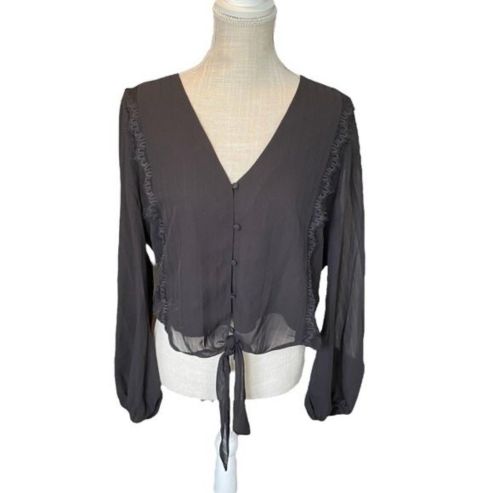 366- WAYF NWT Black Sheer Long Sleeve Tie Front, Size Large